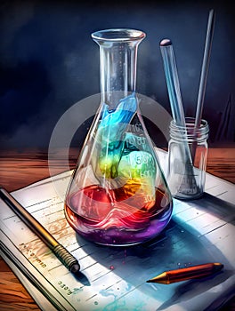 ÃÂ¡lose-up of a glass flask for chemical experiments with smoke coming out of it in a highly detailed watercolor style. AI photo